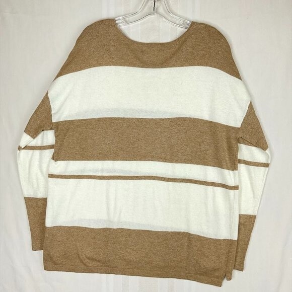 Rag Poets Women’s Sweater Lg Tan Cream Stripe Long Sleeve High Low Hem Casual - Picture 6 of 8